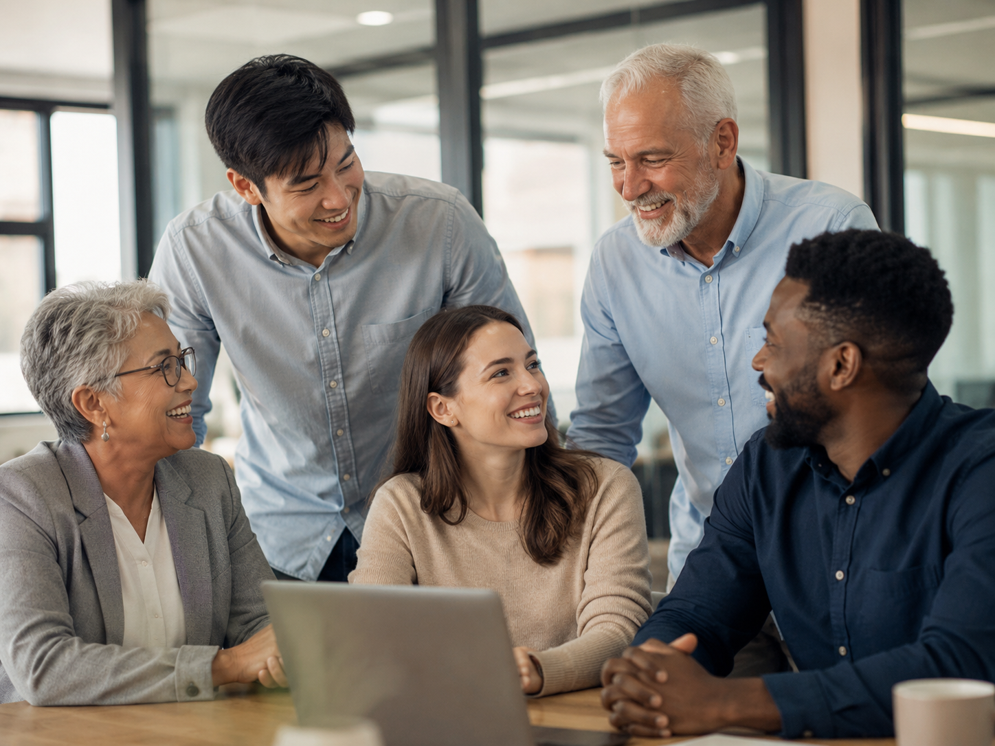 Multi-generational team of professionals collaborating in a modern office, showcasing age diversity in the workplace through teamwork, knowledge sharing, and inclusive communication across different generations.