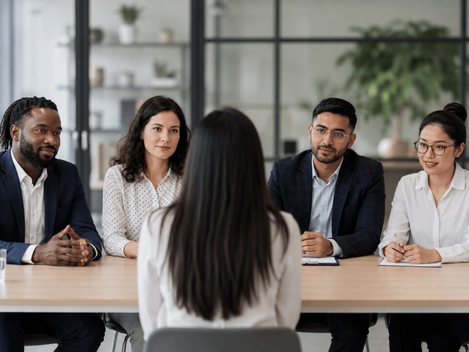 Diverse hiring panel interviewing a job candidate in a modern office, illustrating blind recruitment, fair hiring practices, and equal opportunities in the recruitment process.