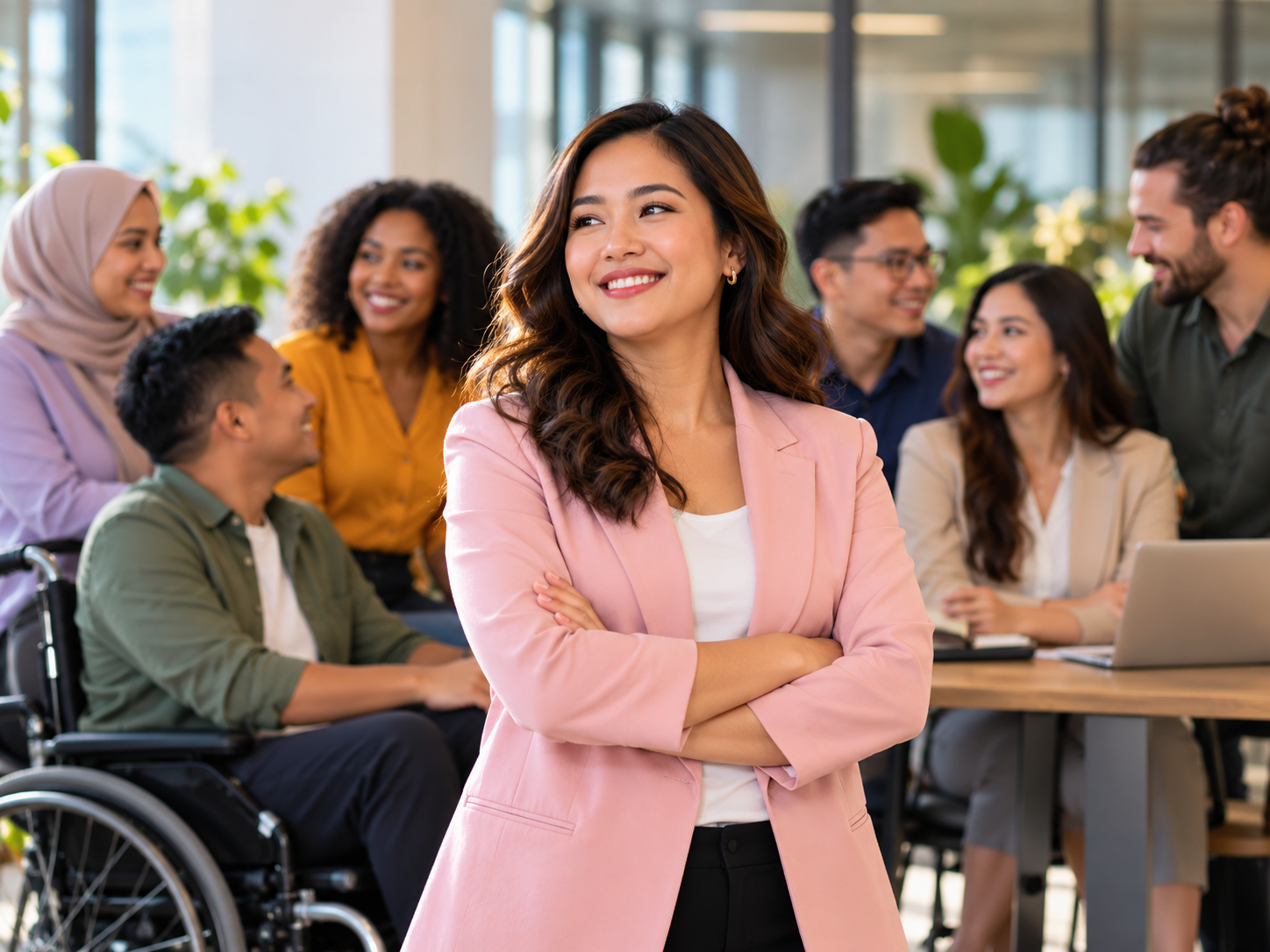 Building a personal brand as a champion of workplace inclusion, an Asian woman leader in a pink blazer stands with a diverse team of colleagues in an inclusive, modern office.