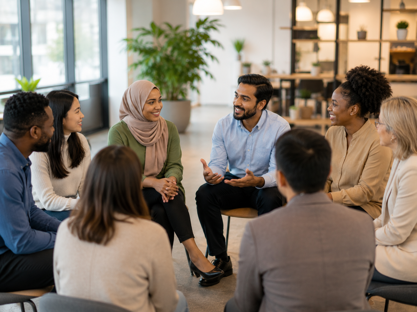Employees participating in a cultural sensitivity training session in a modern workplace, engaging in open discussion to promote cultural awareness, workplace inclusion, respectful communication, and collaboration among diverse team members.
