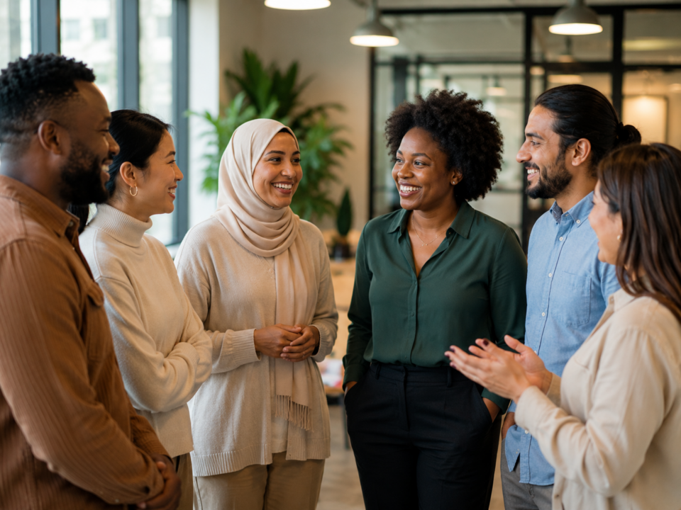 Diverse employees participating in an Employee Resource Groups discussion in a modern workplace, promoting inclusion, workplace diversity, collaboration, and a strong sense of belonging among team members.
