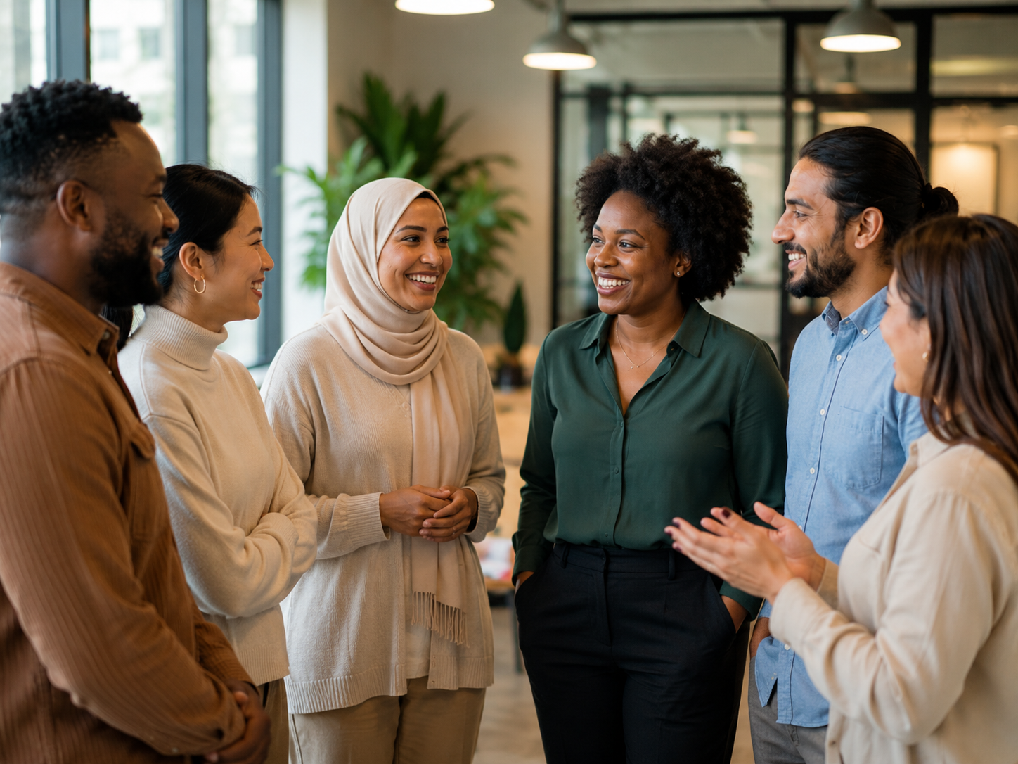 Diverse employees participating in an Employee Resource Groups discussion in a modern workplace, promoting inclusion, workplace diversity, collaboration, and a strong sense of belonging among team members.