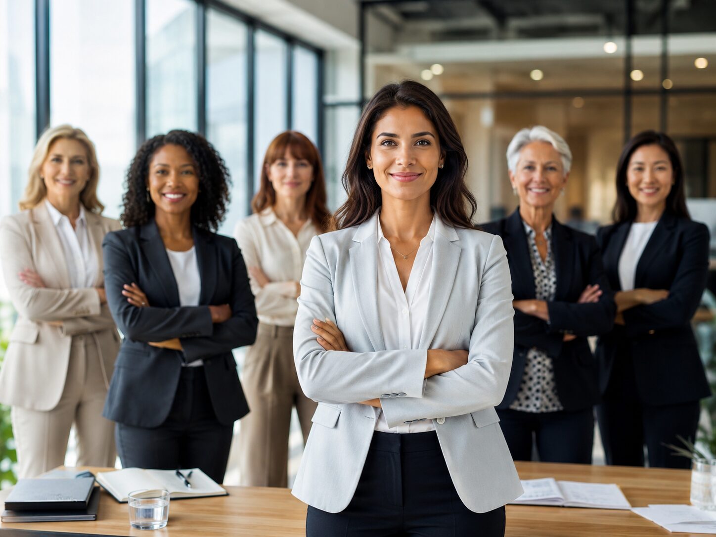 Empower women in leadership roles in different industries. Image showing women proudly standing wearing corporate attire.