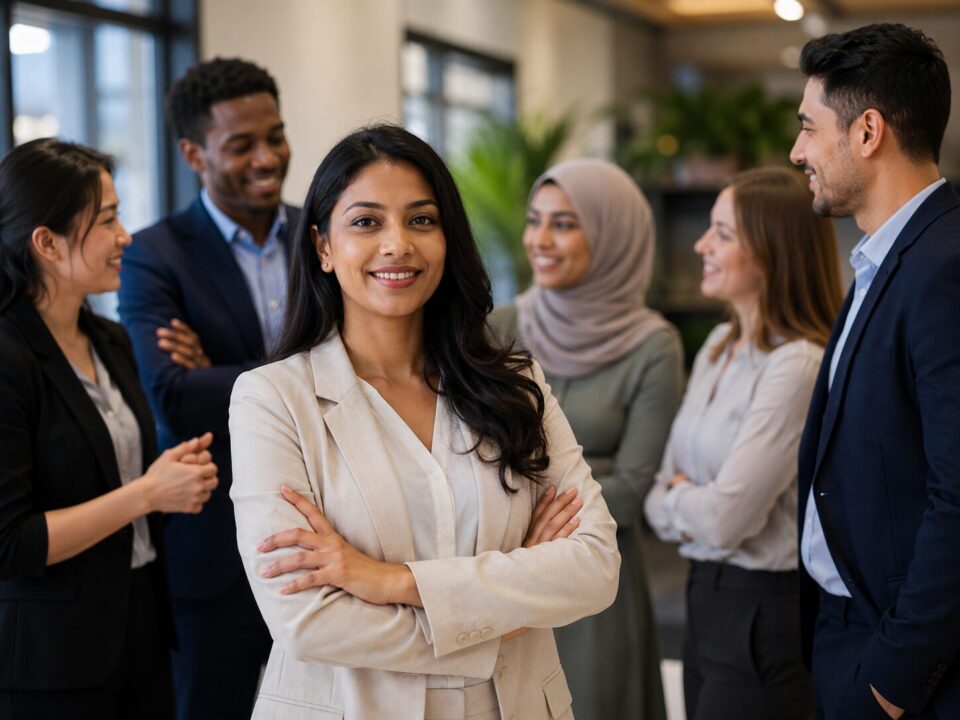 Diverse group of professionals from different ethnic backgrounds collaborating in a modern office, representing inclusion and career opportunities for ethnic minority in the workplace.