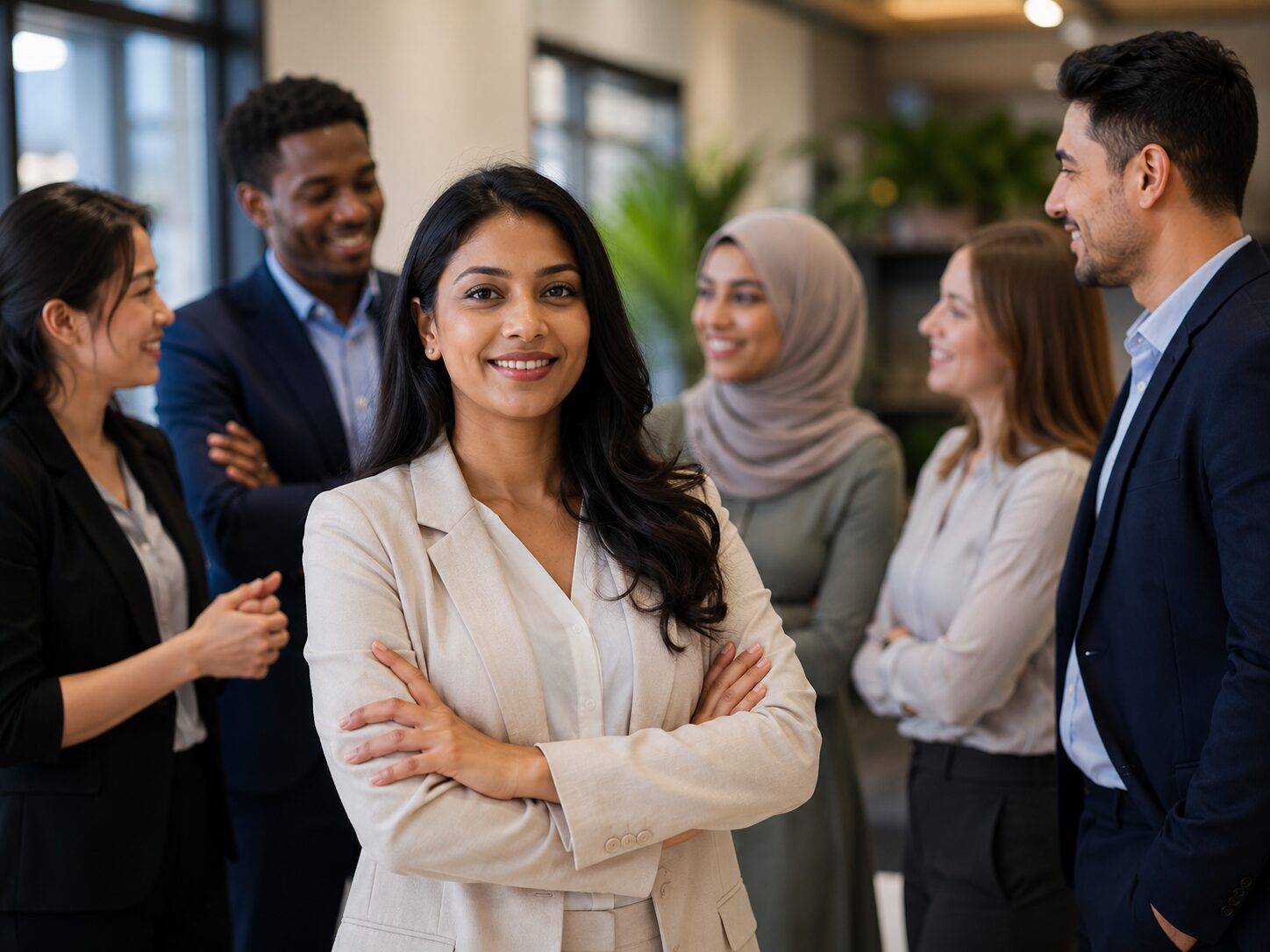 Diverse group of professionals from different ethnic backgrounds collaborating in a modern office, representing inclusion and career opportunities for ethnic minority in the workplace.