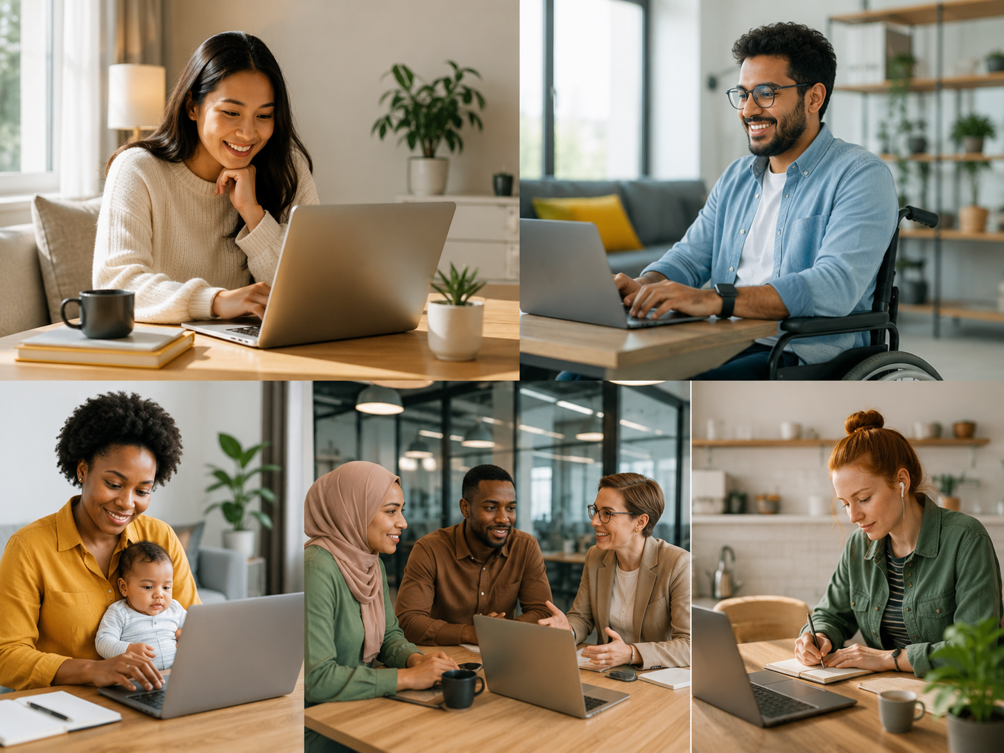 Professionals working in various remote, hybrid, and office settings, illustrating how flexible work arrangements support diversity and inclusion by accommodating different needs, life stages, and working styles.