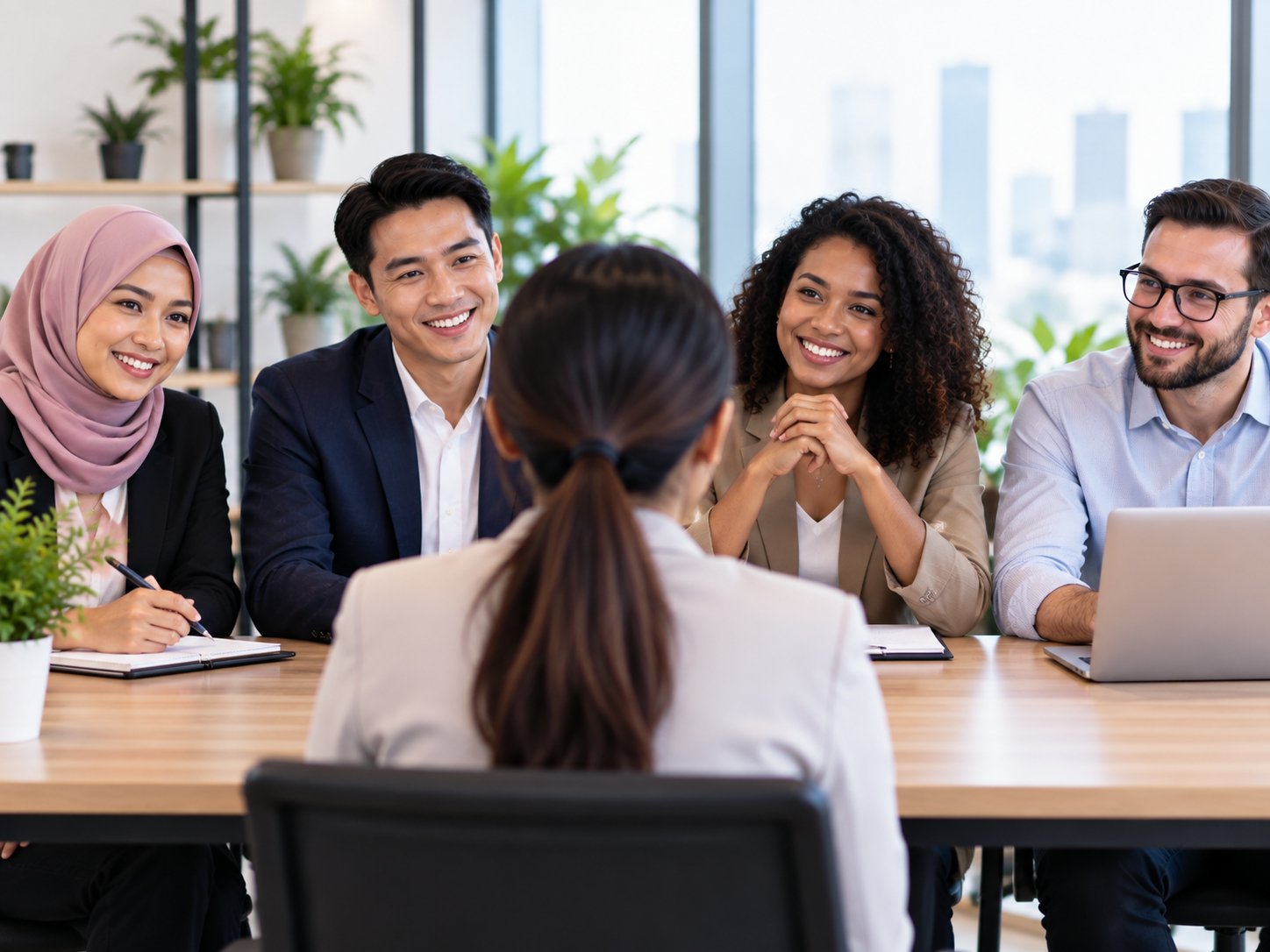 Job seeker participating in an interview with a diverse hiring panel in a modern office, highlighting skills, adaptability, and success in a diverse workplace.