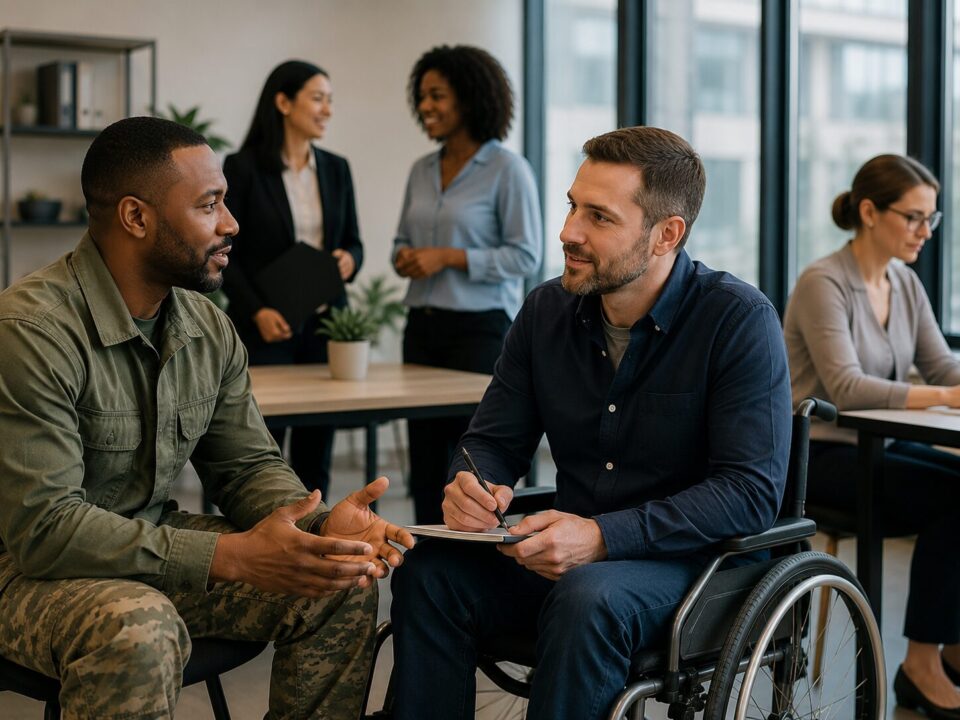 Recruitment strategies for veterans and individuals with disabilities illustrated by an inclusive workplace where a military veteran, a professional using a wheelchair, and diverse colleagues collaborate in a modern office environment.