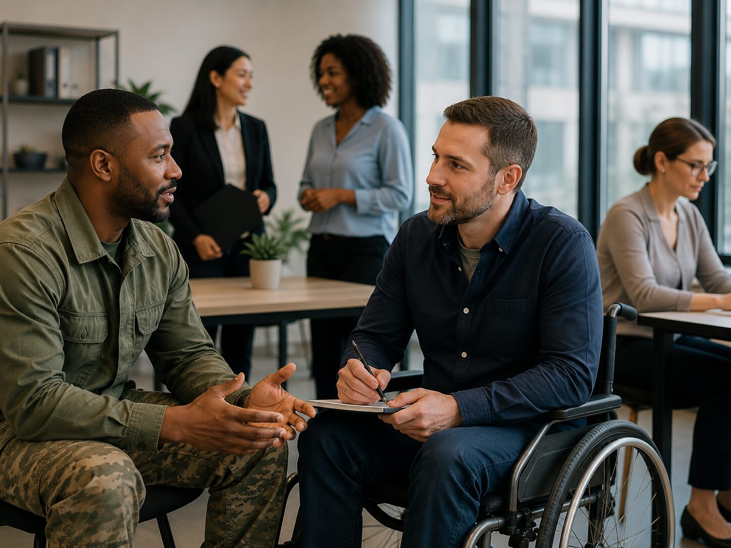 Recruitment strategies for veterans and individuals with disabilities illustrated by an inclusive workplace where a military veteran, a professional using a wheelchair, and diverse colleagues collaborate in a modern office environment.