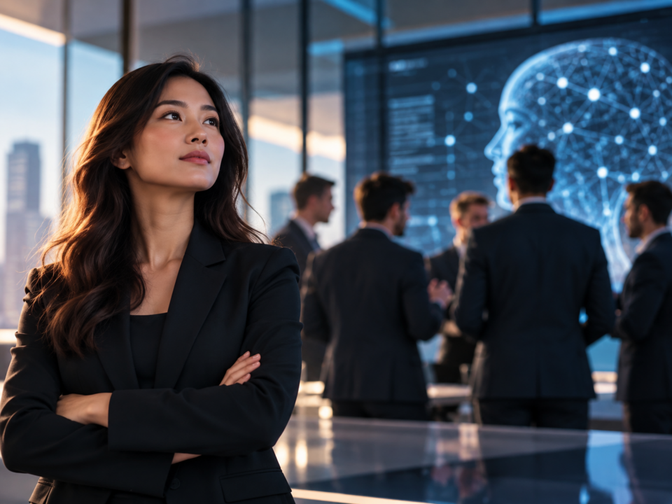 Women in AI leadership concept featuring a female executive standing confidently in a modern artificial intelligence workplace while a group of male leaders discusses AI technology in the background.