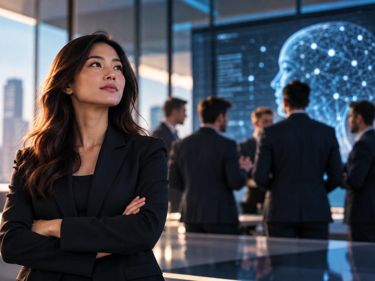 Women in AI leadership concept featuring a female executive standing confidently in a modern artificial intelligence workplace while a group of male leaders discusses AI technology in the background.