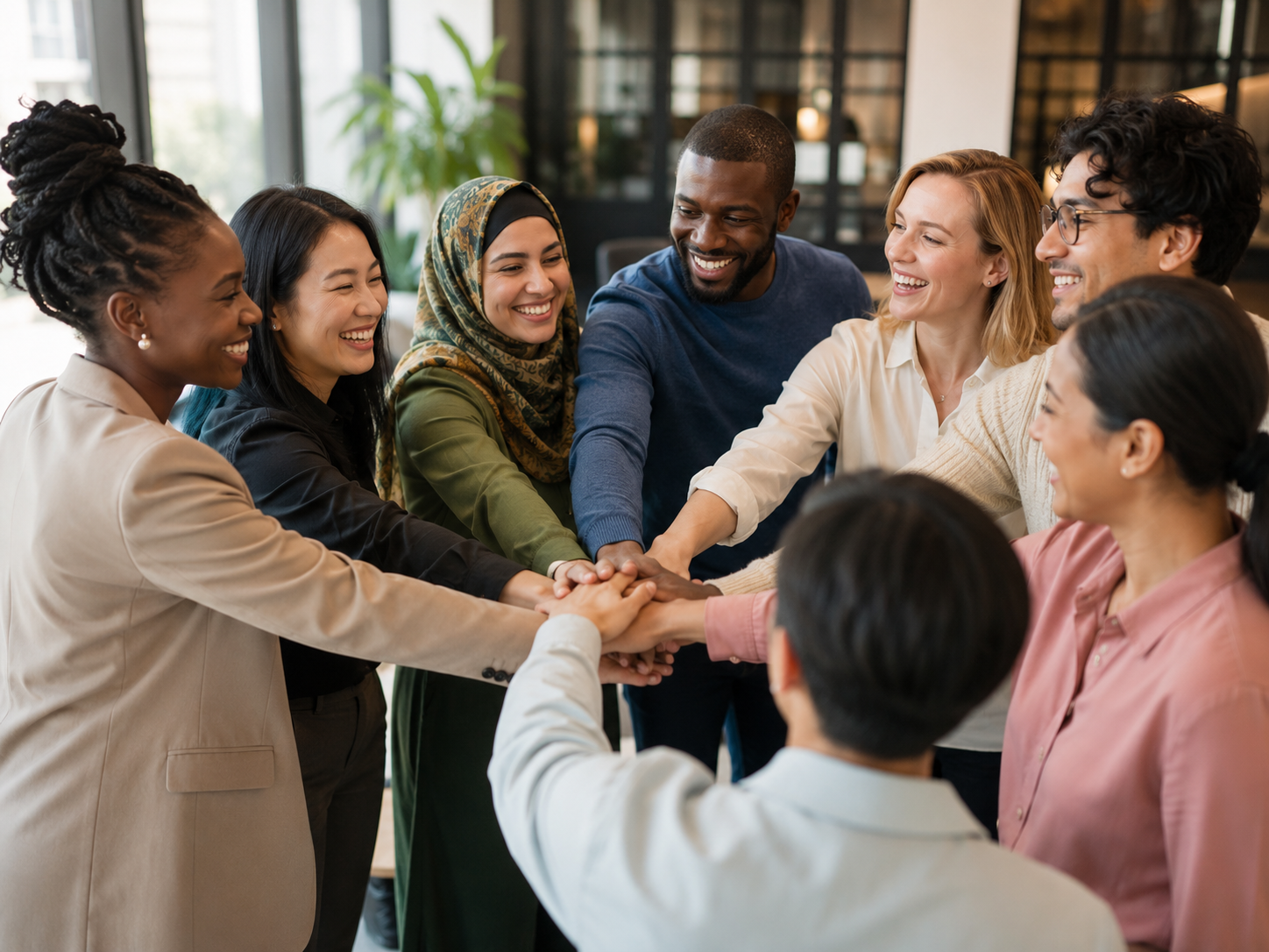 Diverse multicultural team collaborating in a modern office, demonstrating workplace belonging through teamwork, inclusion, mutual respect, and strong employee connections across different cultural backgrounds.